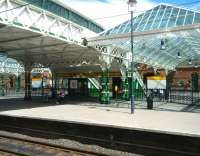 Part of the concourse and footbridge at Tynemouth station in June 2013. The station recently underwent a major refurbishment.<br><br>[Veronica Clibbery 12/06/2013]