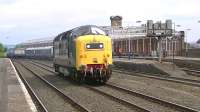 Deltic D9000 <I>Royal Scots Grey</I> running round Juniper 334030 at Kilmarnock station on 17 June following the EMU's refurbishment at at the nearby Brodie Rail Works.<br><br>[Ken Browne 17/06/2013]