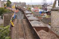 Track work in progress on the viaduct at the west end of Burntisland High Street on 22 June 2013. Train services were being diverted via Dunfermline over the weekend.<br><br>[Bill Roberton 22/06/2013]