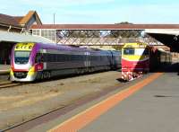 The 07.42 Melbourne Southern Cross to Eaglehawk headed by N458 <I>City of Maryborough</I> awaits its departure time at Bendigo on 29 May 2013. At the other platform a VLocity dmu is about to leave ecs for the sidings. <br><br>[Colin Miller 29/05/2013]