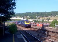 The 18.00 <I>Torbay Express</I> approaches Bath, 11 minutes down. The leading power car is 43156, <I>Darlington International Summer School</I>, and yes, I was wearing an anorak - how did you guess?<br><br>[Ken Strachan 06/07/2013]