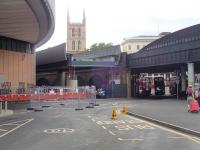 The new viaduct being constructed over Borough Market currently comes to a sudden end outside London Bridge station. View north on 20 July 2013 with the tower of Southwark Cathedral prominent in the background. [See image 43904]. <br><br>[John Thorn 20/07/2013]