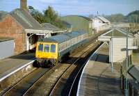 A 3-car DMU calls at Crediton with a Barnstaple - Exeter service in 1983.<br><br>[Ian Dinmore //1983]