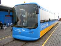 The Southport Pier Tramway's 2-car battery unit during a break from its half-hourly shuttle service along the pier on 18 June 2013.<br><br>[Veronica Clibbery 18/06/2013]