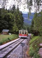 The Oberweissbacher Bergbahn's sloping split-level passenger coach approaches the funicular's hill terminus at Lichtenhain on 29th June 2013. <br><br>[David Spaven 29/06/2013]