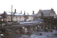 The coal drops at Hexham, looking east towards the station on a wet day in 1975.<br><br>[Ian Dinmore //1975]