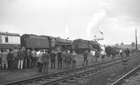 45407+73069 stand at Hellifield on 4 August 1968 with the RCTS <i>End of Steam Commemorative Rail Tour</i> which had originated from London Euston. The locomotives ran round here before taking the train tender first to Skipton.<br><br>[K A Gray 04/08/1968]