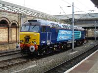 Freshly painted in DRS livery, 57308 is stabled near Crewe platform 12 on 30 August 2013 whilst on 'Thunderbird' stand-by duty.<br><br>[David Pesterfield 30/08/2013]