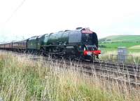 <I>Duchess of Sutherland</I> passing Abington on 6 September with the 75th Anniversary special from Sheffield to Perth.<br><br>[Jim Peebles 06/09/2013]