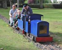 Kirkcaldy Model Engineering Society has operated a dual gauge (5'and 7 1/4') railway in the town's Beveridge Park since 1991, with services every second Sunday in summer. Bob the Driver is in charge of an 0-4-0PH (petrol hydraulic) on 8 September. <br><br>[Bill Roberton 08/09/2013]