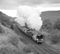 Saturday 30th September 1978 had been a bright, if not sunny day, although by the time Merchant Navy Pacific 35028 <I>Clan Line</I> approached Ais Gill Summit with the southbound<I>Lord Bishop</I>, it was getting quite dull. This was the last shot of the day.<br><br>[Bill Jamieson 30/09/1978]