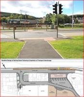 View south from the new Galashiels station (X on plan) across the A7 Ladhope Vale on 18 September 2013. Stirling Street skirts the north side of the bus station immediately beyond the wooden fence. The plan shows the new Galashiels Interchange with Stirling Street rerouted. [Courtesy Scottish Borders Council]. Work is due to begin in October.<br><br>[John Furnevel 18/09/2013]