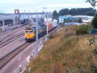 Freightliner 66540 brings a container train south through Nuneaton platform 7 on 13th September 2013. The site to the right is now being developed as a fast food outlet [see image 42229]; shame they didn't develop it as a rear entrance to the station.<br><br>[Ken Strachan 13/09/2013]