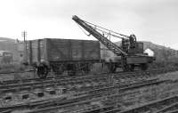 Ex-CR rail mounted hand crane and ex-Aberdeen Gas Works coal wagon at Aviemore in June 1974 on what was to become the site of the Strathspey Railway's Speyside station. <br><br>[John McIntyre 15/06/1974]