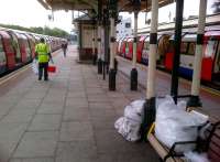 The MMM (Morning Metro Mountain) builds up as the cleaners get to work at High Barnet station on the Northern Line, following the morning rush hour on 5 August.<br><br>[Ken Strachan 05/08/2013]
