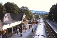 The 09.41 Inverness-Edinburgh pauses at Pitlochry on 9thSeptember while a ceremony to mark the 150thanniversary of the opening of the Highland Main Line proceeds on the Up platform.<br><br>[David Spaven 09/09/2013]