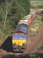 66103 eases out of Inverkeithing Yard on 29 September with redundant timber wagons on their way from Elgin to Doncaster Belmont Yard.<br><br>[Bill Roberton 29/09/2013]