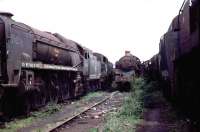 Locomotive lineup in the scrapyard of Woodham Bros, Barry, in May 1974. On the left is Bulleid Merchant Navy Pacific no 35006 <I>Peninsular & Oriental S N Co</I>, built at Eastleigh in 1941 and withdrawn from Salisbury in 1964. The locomotive was resued and subsequently moved to the Gloucestershire Warwickshire Railway at Toddington in 1983 where restoration is being undertaken by the 35006 Locomotive Co Ltd.<br><br>[John Thorn /05/1974]