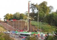 Looking north east over Hardengreen Roundabout on 5 October 2013 with drilling activity taking place on the far side. The A7 runs left to right across the picture.<br><br>[John Furnevel 05/10/2013]