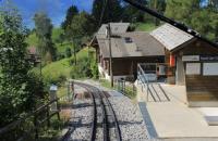 Driver's view as a train from Rochers-de-Naye negotiates the steep (around 1:5) descent to Montreux passing Haut-de-Caux, one of many wayside stations on the line. The angle between the short horizontal platform and the 800mm <I>rack track</I> is very noticeable.  <br><br>[Mark Bartlett 09/09/2013]