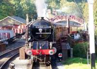 A train for Pickering stands at Goathland station platform 2 during the NYMR's <I>LNER Gala</I> weekend on 5 October 2013. The locomotive is A1 Pacific no 60163 <I>Tornado</I>.<br><br>[Colin Alexander 05/10/2013]