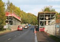 Traffic northbound on the A7 towards Edinburgh on Sunday 20 October passing the new Gore Glen bridge construction site. [See image 44856]<br><br>[John Furnevel 20/10/2013]