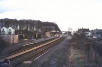 Platform view at Histon on the old St Ives branch looking east towards Cambridge in 1977. This route has now become a guided busway [see image 43452]. <br><br>[Ian Dinmore //1977]