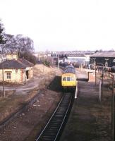 A Bidston - Wrexham Central DMU arrives at the surviving platform of the former Wrexham Exchange station in March 1985. View north from Regent Street bridge, with the original 1846 Shrewsbury and Chester's Wrexham General station alongside on the right. Exchange is officially recorded as being closed to passengers in 1981, when rationalisation was carried out and this platform became the bi-directional platform 4 of Wrexham General. Note the class 47 hauled freight heading north in the background.    <br><br>[Ian Dinmore /03/1985]