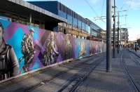 The Mural currently adorning the front of the new concourse at Haymarket, adjacent to the tram stop.<br><br>[Bill Roberton 29/10/2013]