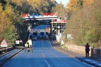 View north along the A7 on Sunday 10 November showing the Gore Glen Bridge complete with newly installed deck.<br><br>[Bill Roberton 10/11/2013]