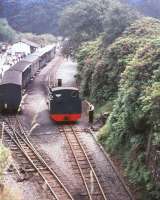 A Vale of Rheidol locomotive running round at Devils Bridge in 1974.<br><br>[Ian Dinmore //1974]