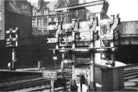 Signal gantry at the north end of Preston station in the summer of 1960.<br><br>[David Stewart /08/1960]