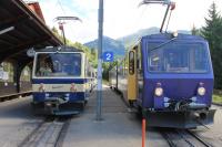 After three days of low cloud, bright sunshine on the morning of 9 September made the Rochers-de-Naye rack railway very busy. A packed four-car train on the left is heading for the mountain while the descending 303 on the right is nearly empty as they pass at Caux station. Several passengers were enjoying the view from the rear cab of unit 301. <br><br>[Mark Bartlett 09/09/2013]