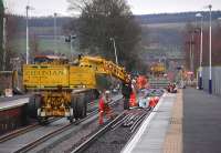 Looking south at Ladybank Station during track renewal works on 5 January 2014.<br><br>[Bill Roberton 05/01/2014]