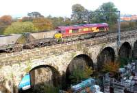 View of Slateford Viaduct from the parallel Union Canal aqueduct on 7 October 2002, as EWS 66161 crosses with an eastbound coal train.<br><br>[John Furnevel 07/10/2002]
