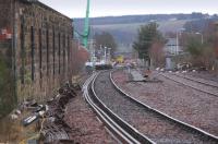 Looking south to Ladybank Junction past the ruinous E P & D workshops on 5 January - looking like the left hand line might be realigned through the middle of the formation.<br><br>[Bill Roberton 05/01/2014]