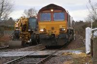 66175 waits with a train of ballast hoppers on the Newburgh line north of Ladybank station on 5 January during track renewal works. [See image 45867]<br><br>[Bill Roberton 05/01/2014]