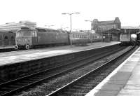 A Bristol - Paddington express passes a DMU stopping service to Reading at Southall station in November 1980. The locomotive is no 47509 <I>Albion</I>.<br><br>[John Furnevel 18/11/1980]