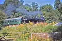 Jinty 47383, (a Severn Valley locomotive) with a train near Cheddleton Station on the Churnet Valley Railway on a glorious August afternoon in 1997. [See image 40849]<br><br>[Peter Todd 09/08/1997]