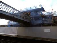 The temporary footbridge in place over the operational platforms at Gleneagles on 21 January 2014. Various improvements are being undertaken here which will make the station much more accessible in advance of September's Ryder Cup. [See image 46041]<br><br>[John Yellowlees 21/01/2014]