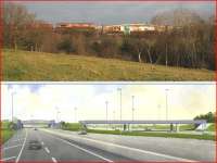 Upper picture: What will soon become part of the new M8 extension, showing view northwest of 66136 with a train of coal empties approaching the <I>Cutty Sark</I> bridge across the A8 on 30th January 2014 [see image 14734].<BR>Lower picture: The planned arrangement after provision of the new dual 3-lane motorway link (view southeast) [Courtesy Transport Scotland]. <br><br>[Colin McDonald 30/01/2014]