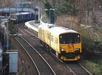 Network Rail Track Assessment Unit 950001 heading north through Aberdour on 10 February 2014.<br><br>[Bill Roberton 10/02/2014]