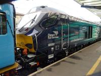 The no 2 end of new DRS Class 68 loco 68002 <I>Intrepid</I> at Carlisle during testing operations on 5 February 2014. Note the data transfer cables between the first coach and the locomotive.<br><br>[Ken Browne 05/02/2014]