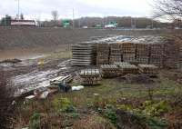 Looking south from the A6106 to the City Bypass deviation at Sheriffhall on 18 February with concrete sleepers stacked in the foreground.<br><br>[Bill Roberton 18/02/2014]