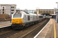 With 67014 providing the <I>push power</I> a Chiltern Railways service makes the last stop on a Birmingham to London service on 6 March 2014. DVT 82301 was on the front. The new multi-storey station car park is under construction on the left.<br><br>[John McIntyre 06/03/2014]