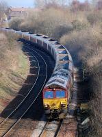 DBS 66018 climbs away from Carmuirs West on 11 March with empty coal hoppers returning from Longannet to Hunterston.<br><br>[Bill Roberton 11/03/2014]