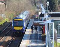 The 11.41 service to Glasgow Queen Street boarding at Alloa on 11 March 2014. <br><br>[John Furnevel 11/03/2014]