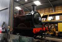 Metropolitan Railway E Class 0-4-4T No.1 inside the shed at Hayes Knoll on 15 March.<br><br>[Peter Todd 15/03/2014]