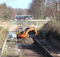 Beginning of the end at Eskbank? The machines get to work at the 1847 Esbank station site on the morning of 19 March 2014. <br><br>[John Furnevel 19/03/2014]