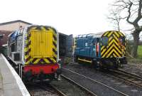 Scene in the shed yard at Hayes Knoll on the Swindon and Cricklade Railway on 15 March 2014. Class 09 D3668 (left) stands alongside class 08 D3261.<br><br>[Peter Todd 15/03/2014]